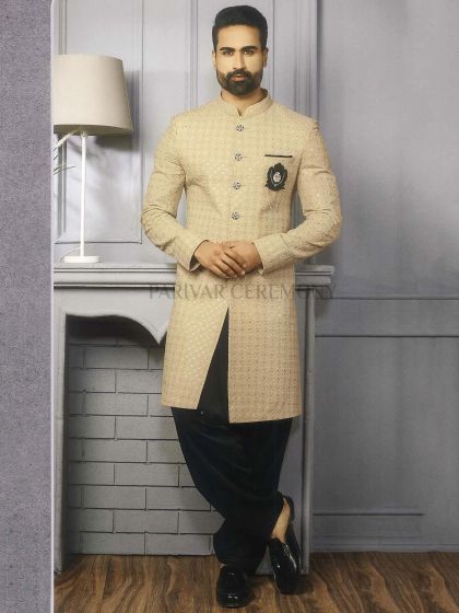 Cream Colour Imported Fabric Mens Designer Indowestern.