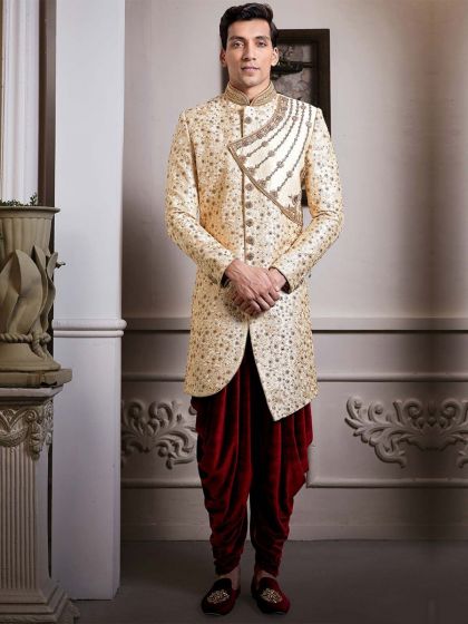 Cream,Golden Colour Designer Indo Sherwani.