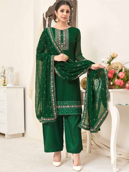 Green Embroidered Palazzo Suit In Georgette