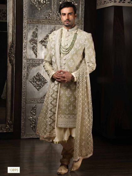 Grey Embroidered Silk Sherwani With Stole