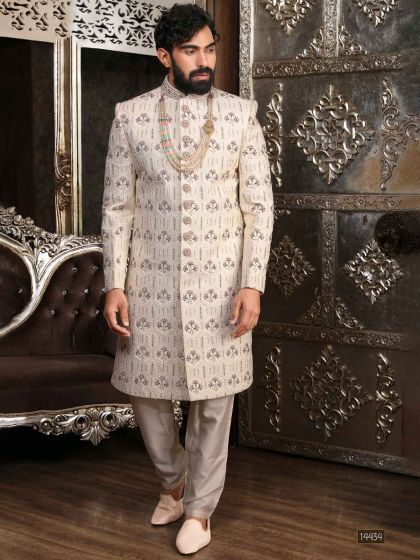 Off White Embroidered Sherwani In Silk