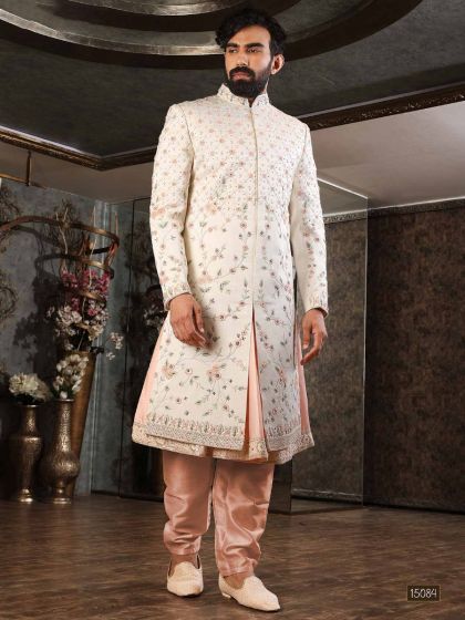 White Embroidered Silk Sherwani Set