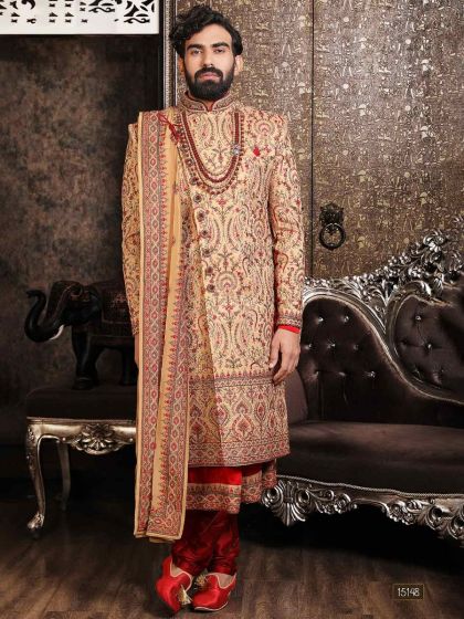 Golden Embroidered Silk Sherwani Set For Men