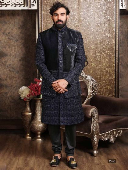 Blue Jacket Style Embroidered Sherwani In Silk