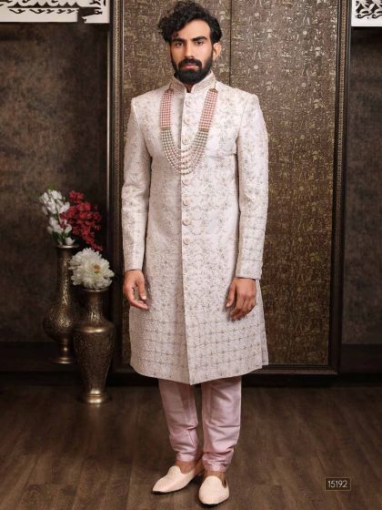 Pink Embroidered Mens Sherwani In Silk