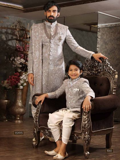 Grey Mirror Work Sherwani With Dhoti Set