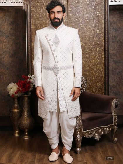 White Mirror Embroidered Silk Sherwani For Men