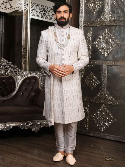 White Groom Mirror Work Sherwani In Silk