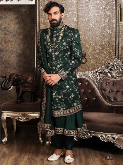 Green Thread Embroidered Groom Sherwani In Silk