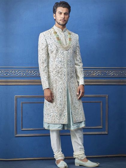Turquoise Colour Silk Men's Sherwani.