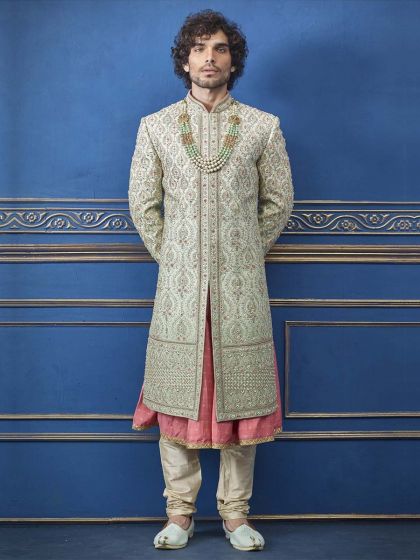 Pista Green Colour Silk Designer Sherwani.