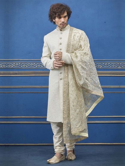 Exclusive Cream Colour Indian Designer Men's Sherwani.