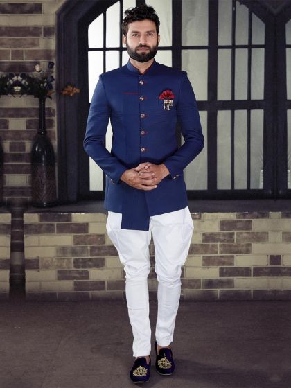Blue Colour Imported Fabric Jodhpuri Suit.