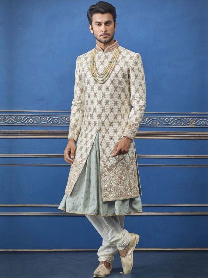 Cream Colour Silk Men's Sherwani.