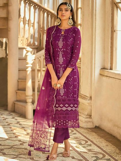 Purple Sequins Embroidered Pant Style Salwar Kameez