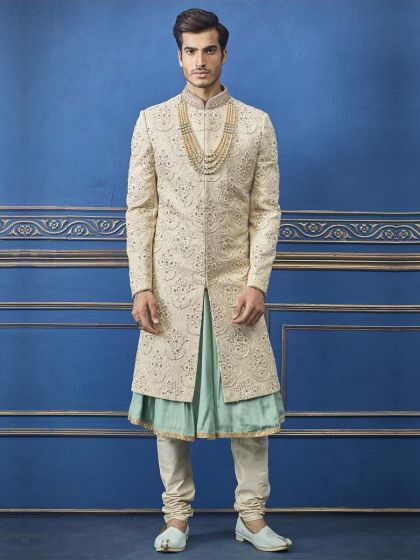 Cream Colour Men's Wedding Sherwani.