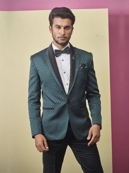 Textured Designer Tuxedo Suit Green Colour.