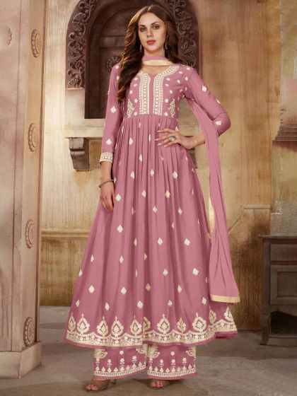 Pink Thread Embroidered Anarkali Suit With Palazzo