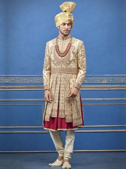 Indian Wedding Look Golden Colour Groom Sherwani.