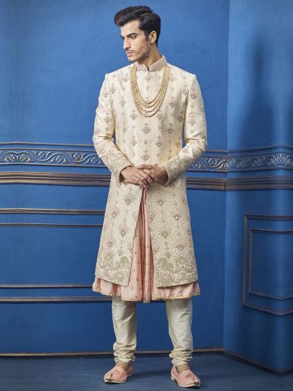 Simple and Elegant Cream Colour Men's Sherwani.