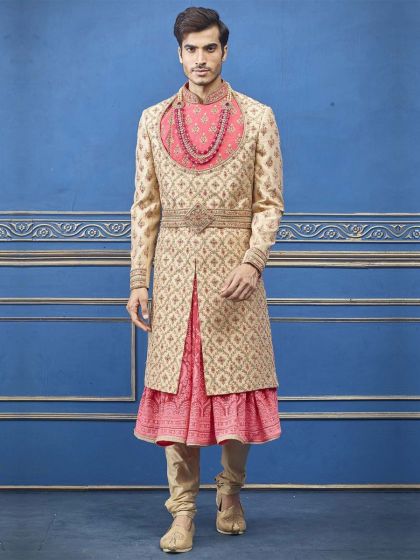 Golden Colour Silk Designer Men's Sherwani.