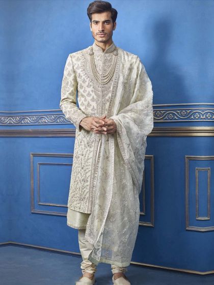 Cream Colour Silk Designer Sherwani.