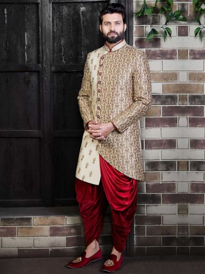 Cream,Golden Colour Sherwani For Men Wedding