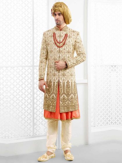 Wedding Wear Cream Sherwani for Men.