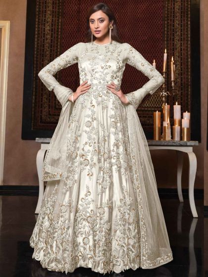 White Embroidered Anarkali Suit In Net