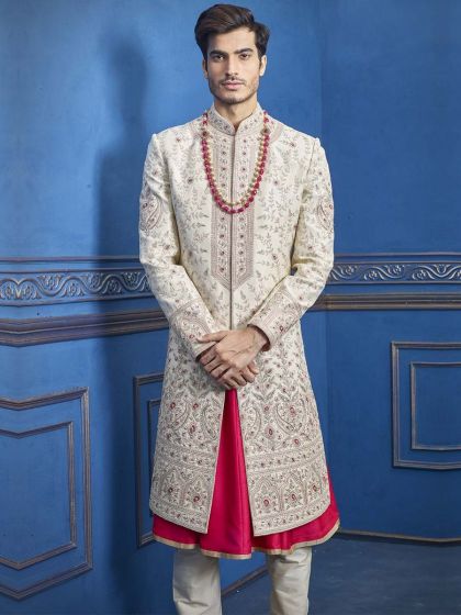 Indian Designer Sherwani Off White Colour.