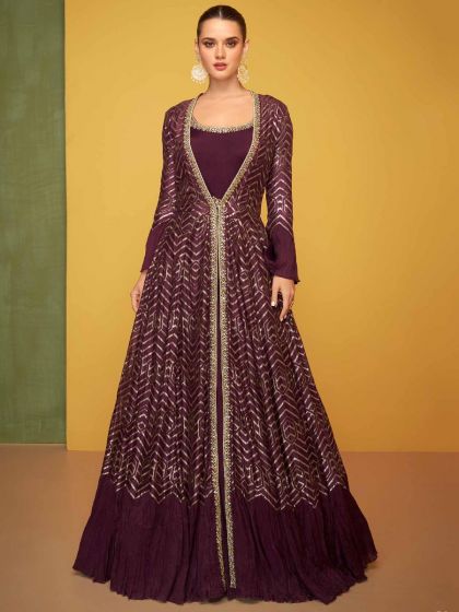 Purple Jacketed Style Anarkali Suit With Dupatta