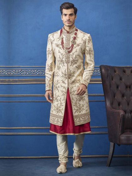 Cream Colour Silk Fabric Men's Sherwani.