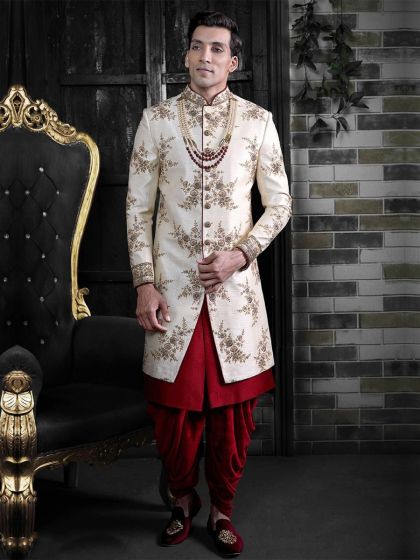 Men's Indowestern Sherwani Cream Colour Silk Fabric.