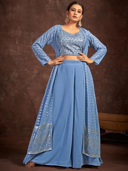 Blue Embroidered Jacket Style Palazzo Set