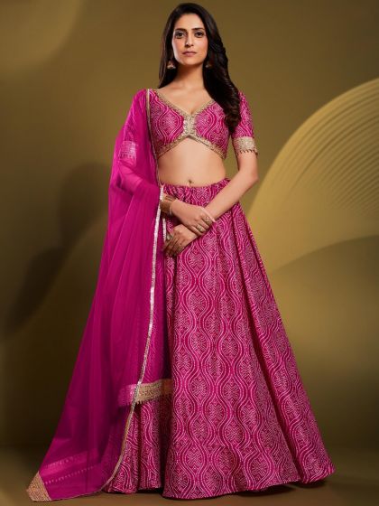 Pink Printed Festive Lehenga Set In Crepe