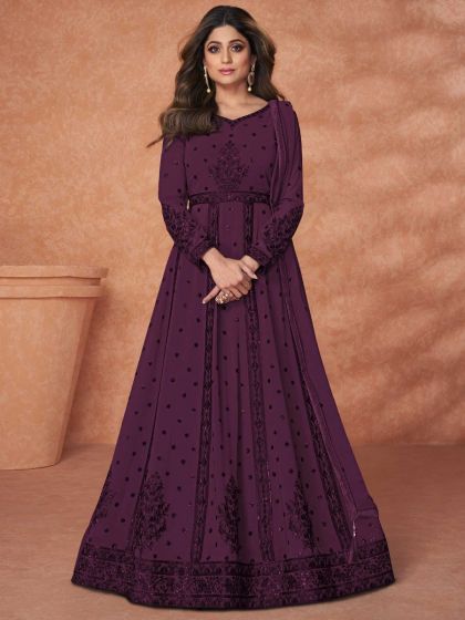 Shamita Shetty Purple Thread Embroidered Suit In Georgette