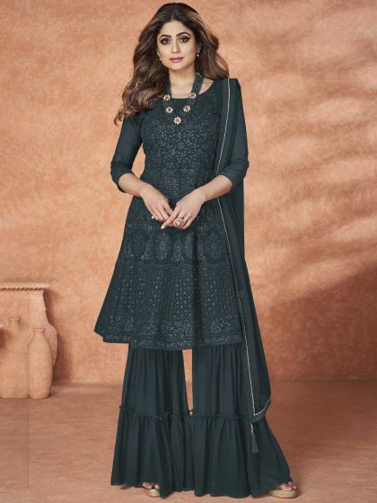 Shamita Shetty Grey Thread Embroidered Sharara Suit