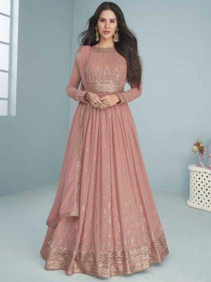 Peach Sequined Anarkali Salwar Suit In Georgette