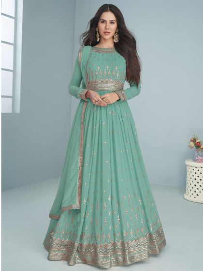 Turquoise Embroidered Anarkali Salwar Kameez