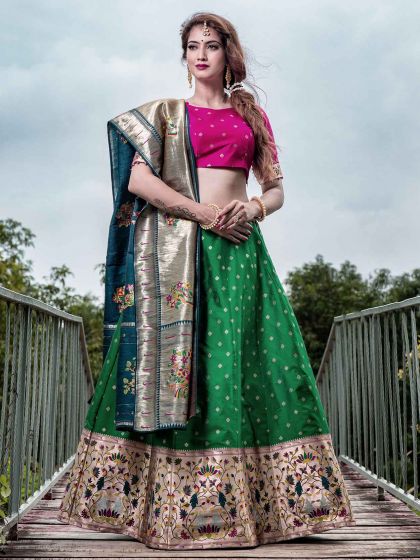 Green Colour Silk Women Lehenga Choli With Weaving Work.