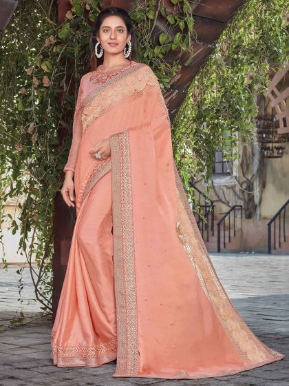 Peach Colour Georgette,Silk Fabric Designer Saree.