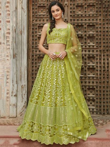 Green Colour Organza Silk Fabric Designer Lehenga.