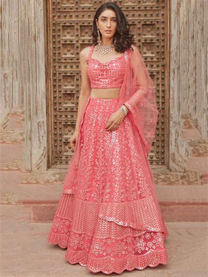 Pink Colour Organza Silk Fabric Lehenga Choli.