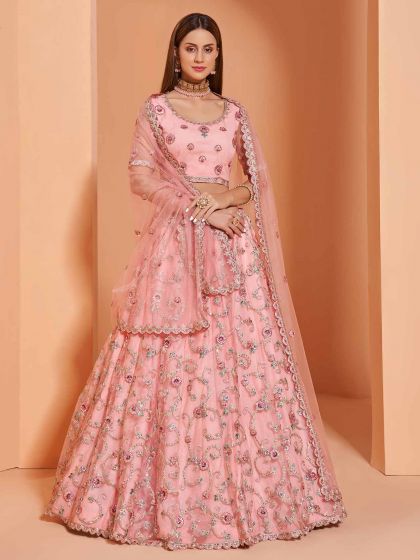 Pink Colour Net,Shantoon Fabric Wedding Lehenga Choli.