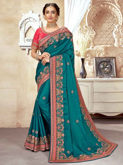 Rama Green Colour Silk Fabric Saree in Zari,Embroidery,Hand Work.