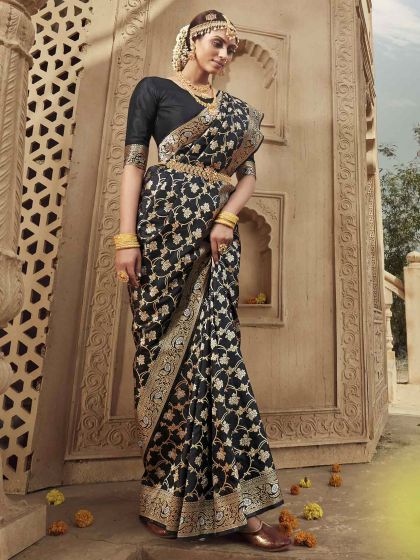 Black Colour Party Wear Saree Banarasi Silk Fabric.