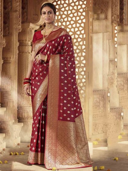 Banarasi Silk Indian Designer Saree Maroon Colour.