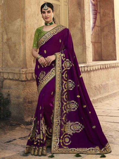 Wine Colour Silk Fabric Party Wear Saree.