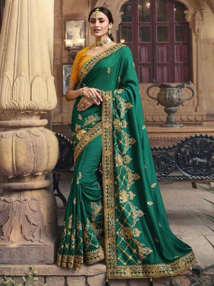 Silk Fabric Designer Saree Rama Green Colour.