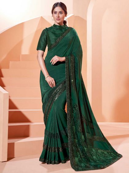 Green Colour Silk Fabric Indian Women Saree.